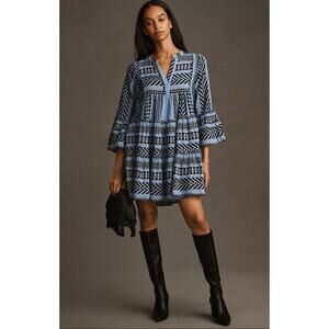Anthropologie x Devotion Twins Ella Short Embroidered Mini Dress XS Blue Black